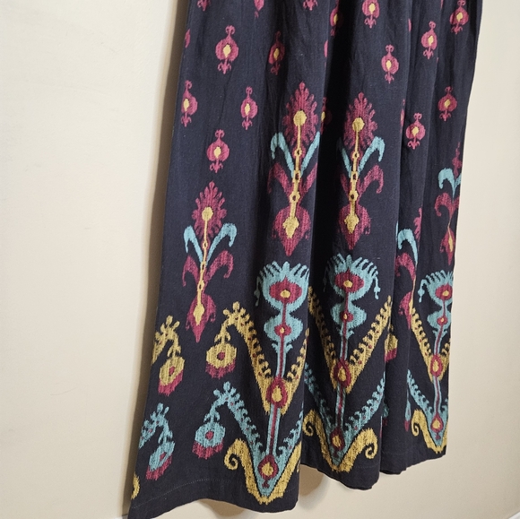 Bombay Paisley Floral Boho Maxi Dress Cotton Linen Navy Blue Button Front S XS - Picture 4 of 7